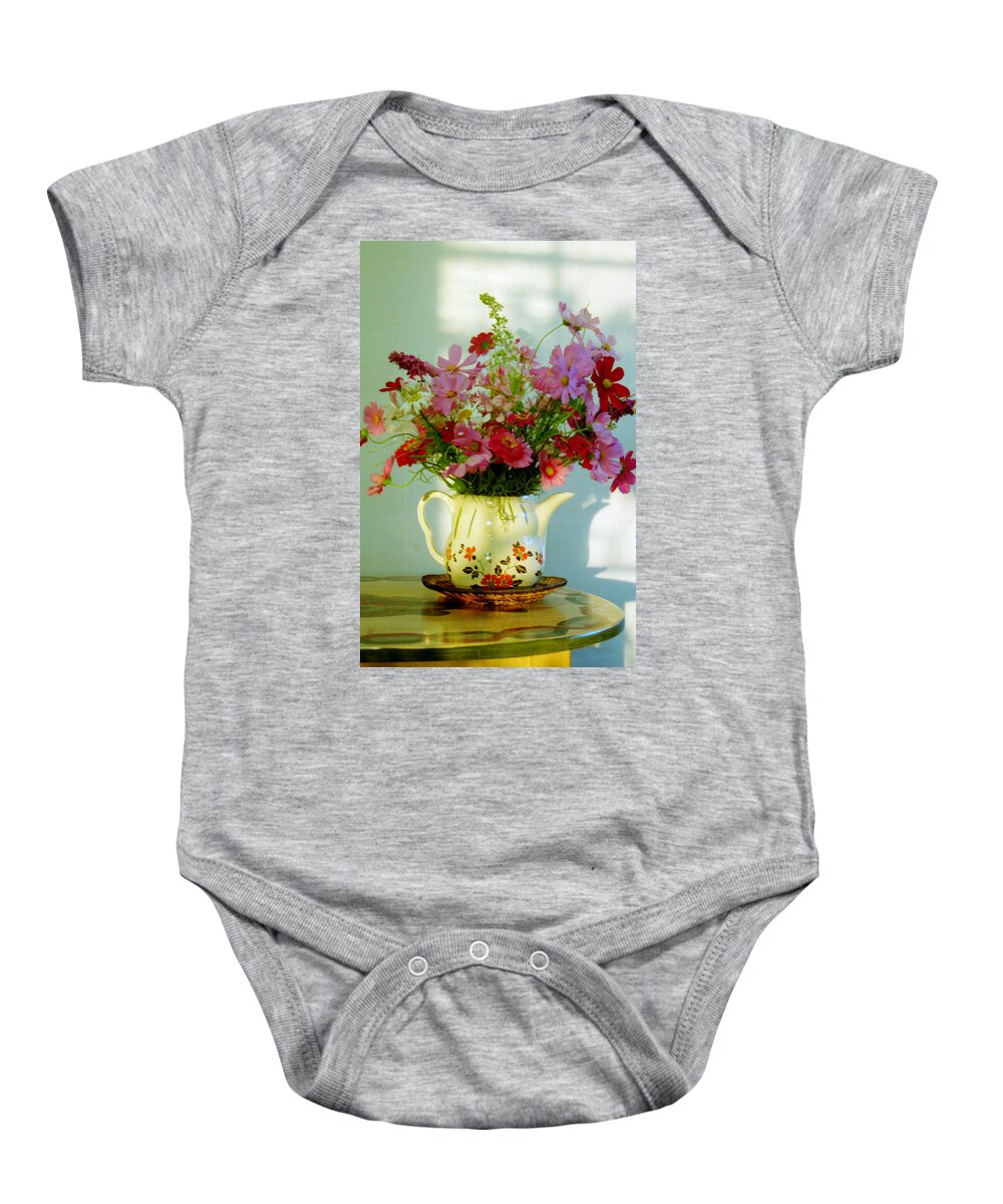 Flowers Baby Onesie featuring the photograph Flowers in a Teapot by Patricia Greer