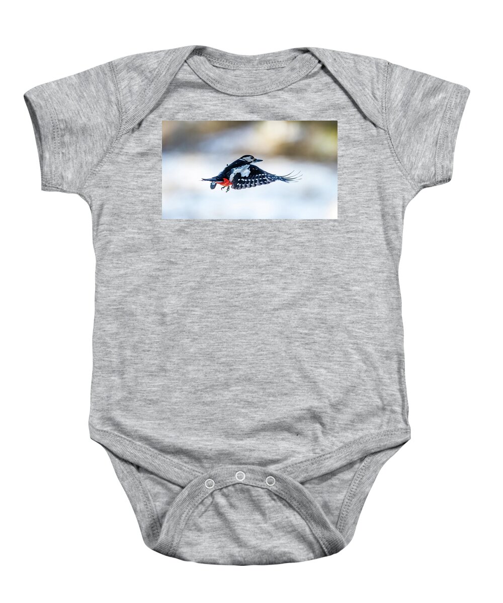 Flying Woodpecker Baby Onesie featuring the photograph Flying Woodpecker by Torbjorn Swenelius