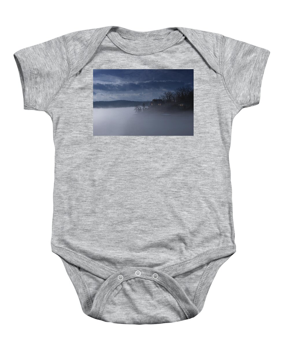 Lake Baby Onesie featuring the photograph Fog on the Lake - Dawn at the Lake of the Ozarks, Missouri by Mitch Spence