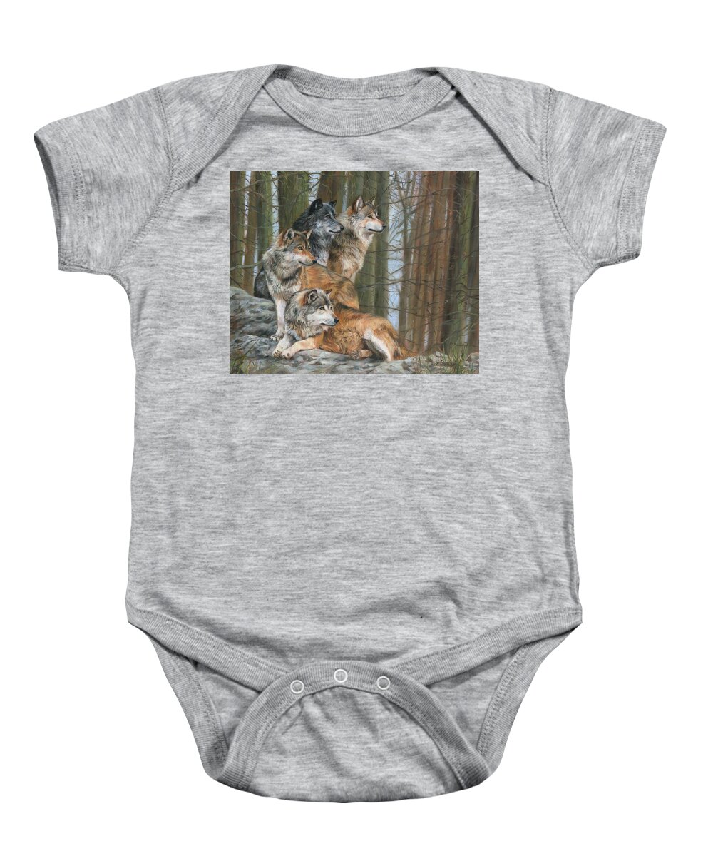 Wolf Baby Onesie featuring the painting Four Wolves by David Stribbling