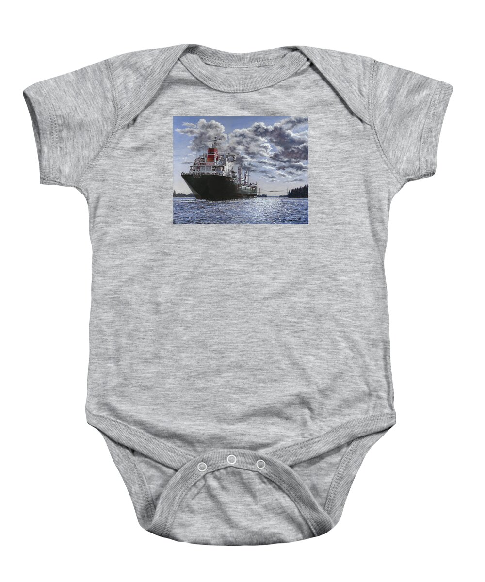 Freighter Baby Onesie featuring the painting Freighter Inviken by Richard De Wolfe