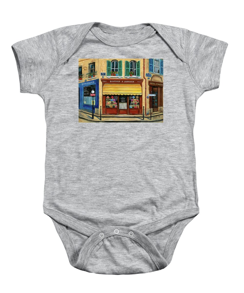 Paris Baby Onesie featuring the painting French Hats and Purses Boutique by Marilyn Dunlap
