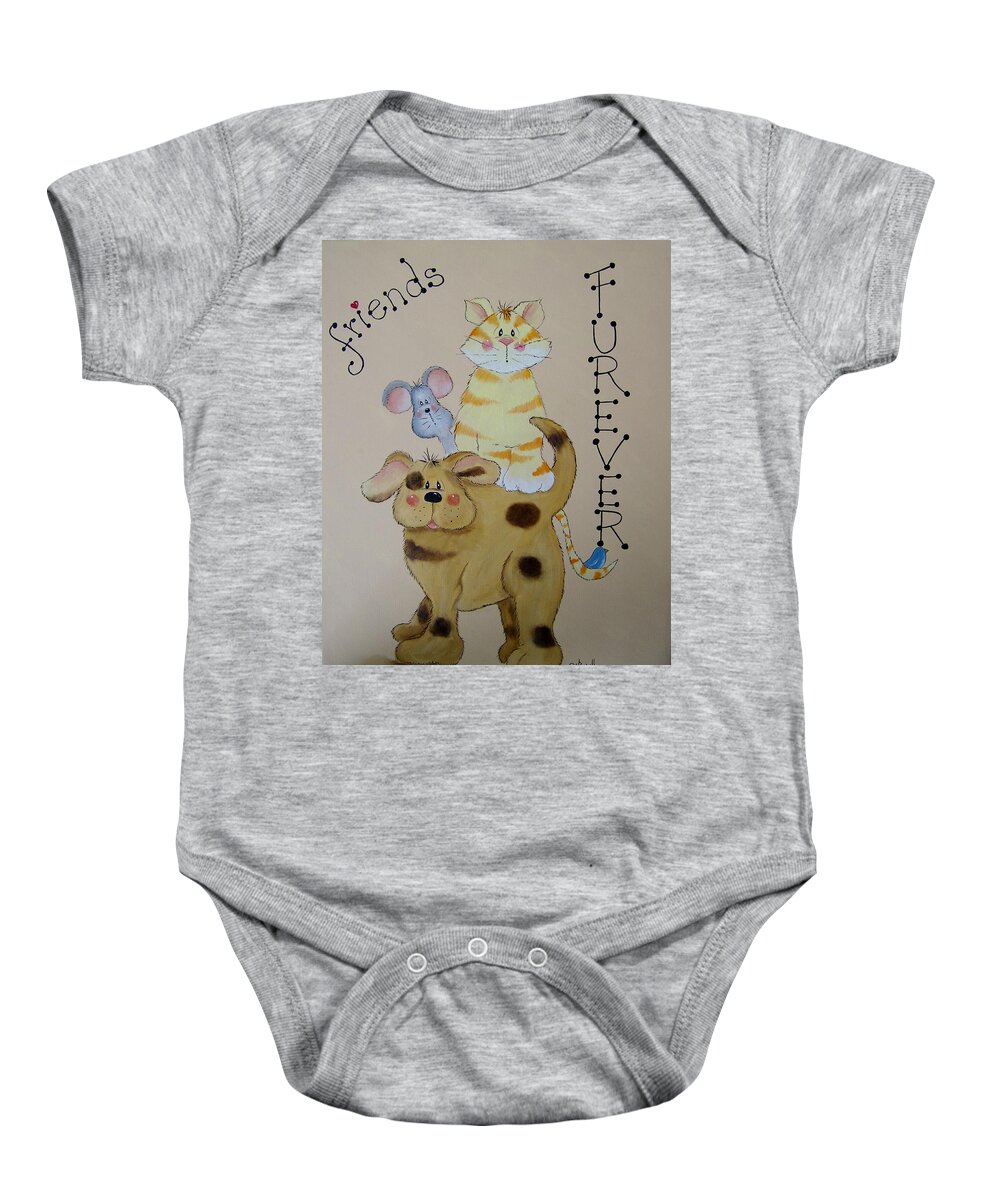Dogs Baby Onesie featuring the painting Friends Furever by Debra Campbell