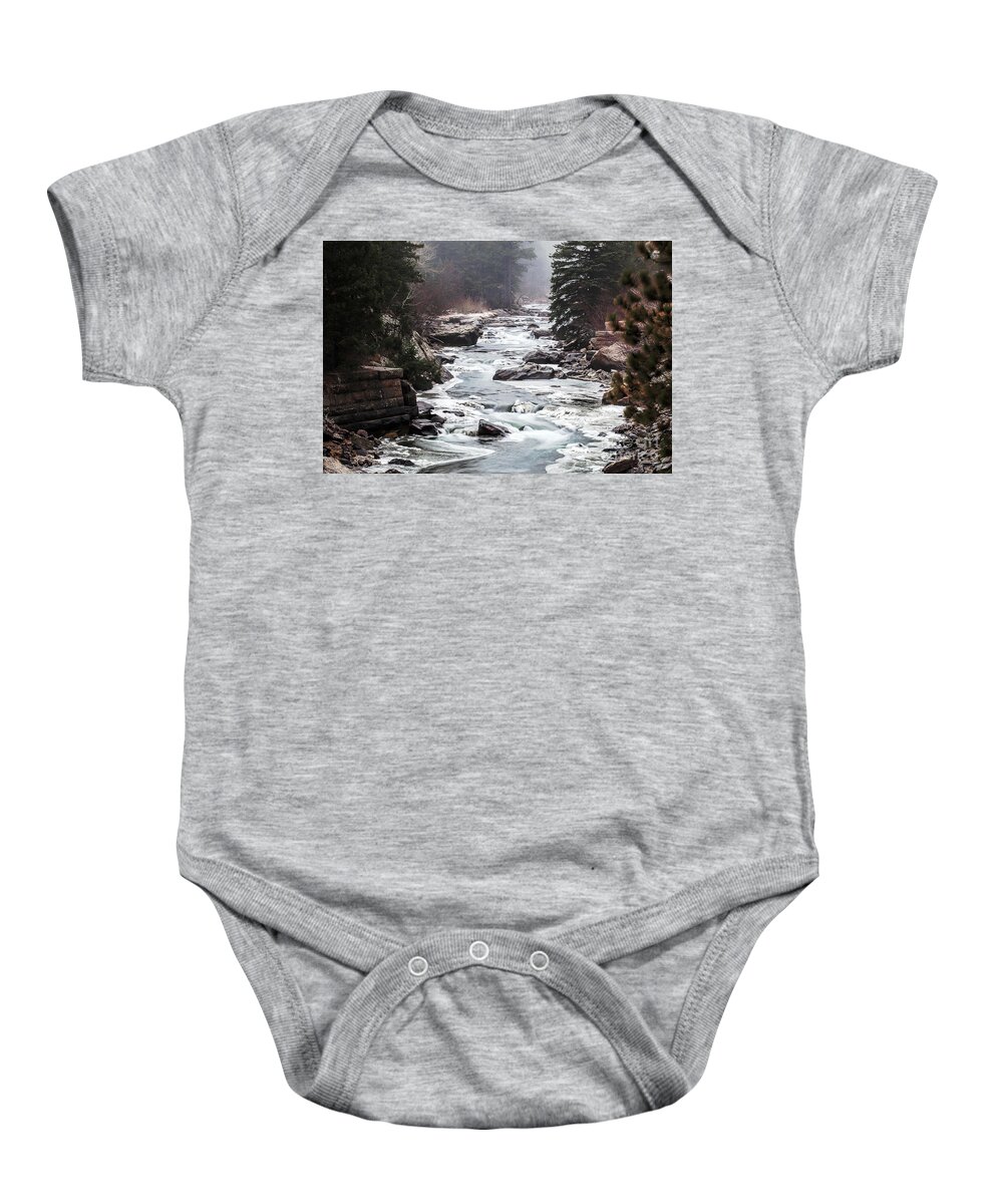 Frozen River Baby Onesie featuring the photograph From the Misty Mountains by Jim Garrison