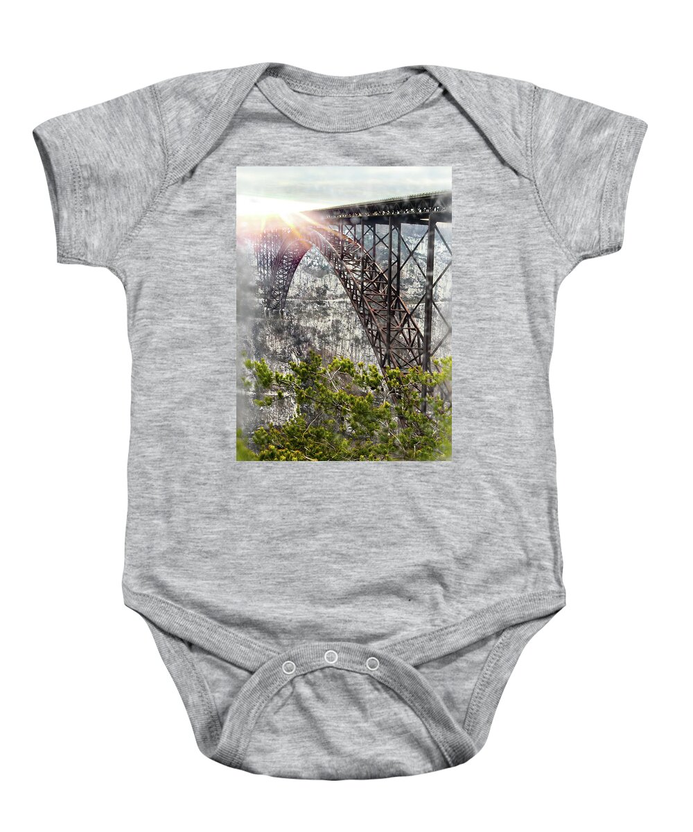 Privacy Baby Onesie featuring the photograph Frosty Gorge Bridge by Lisa Lambert-Shank