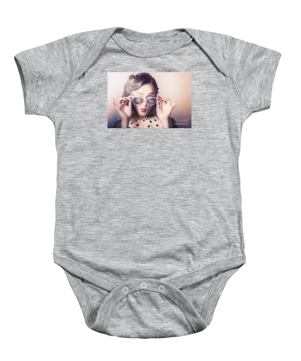 Sunglasses Baby Onesie featuring the photograph Fun comical retro fashion portrait. Pin-up pout by Jorgo Photography