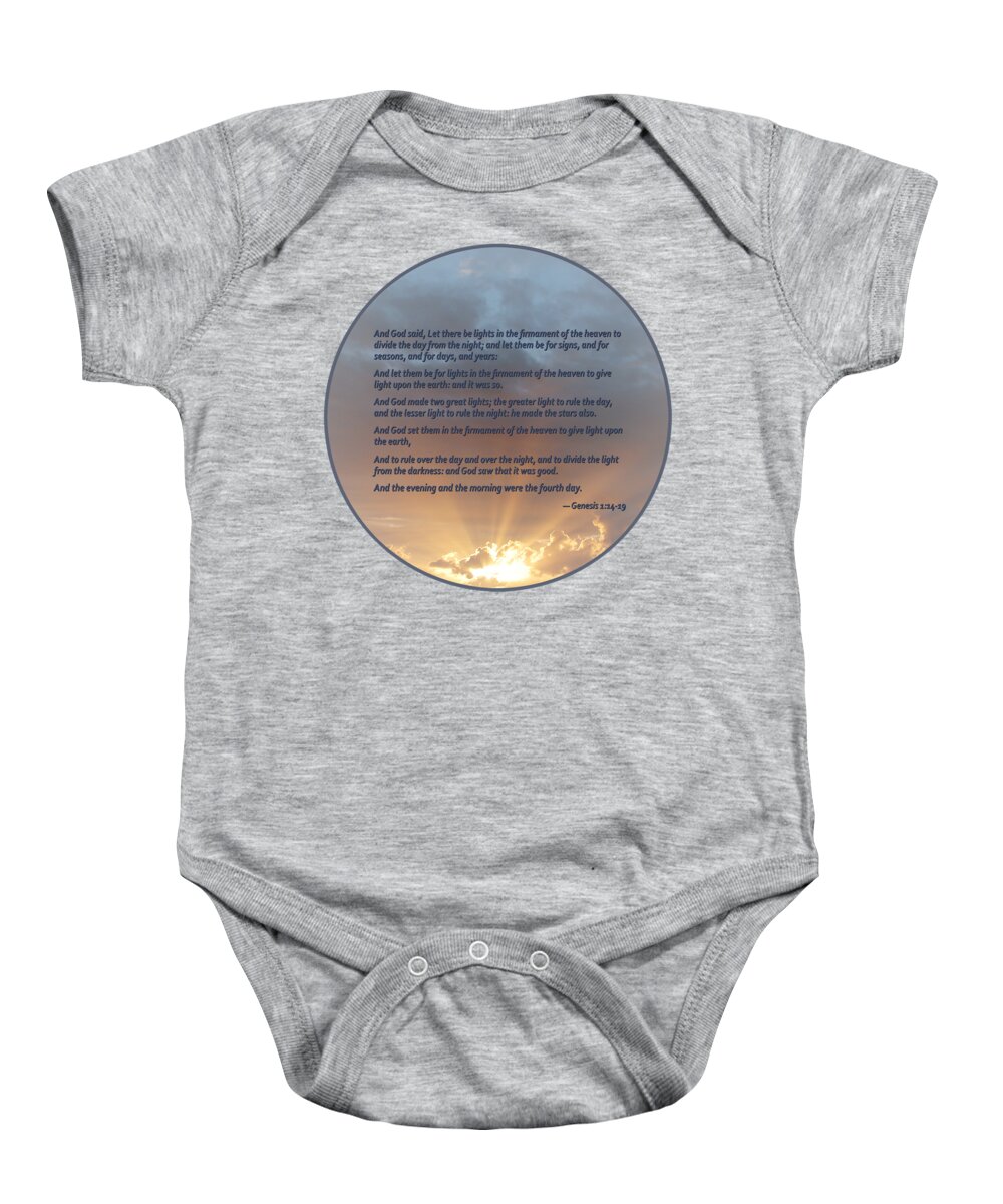 Religious Baby Onesie featuring the photograph Genesis 1 14-19 ... Let there be lights in the firmament of the heaven by Susan Savad