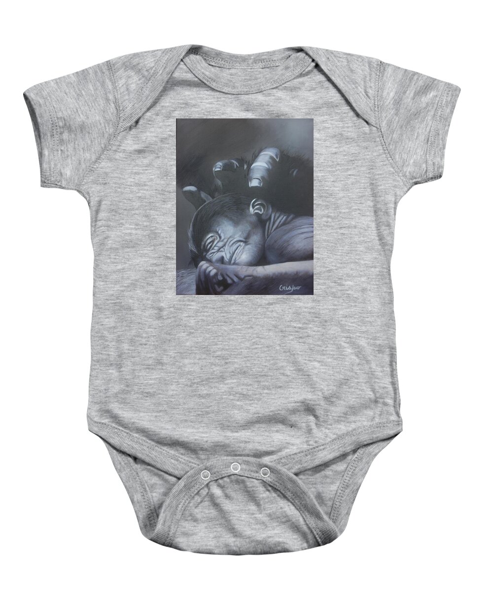 Gorila Baby Onesie featuring the painting Gentle caress by Jean Yves Crispo