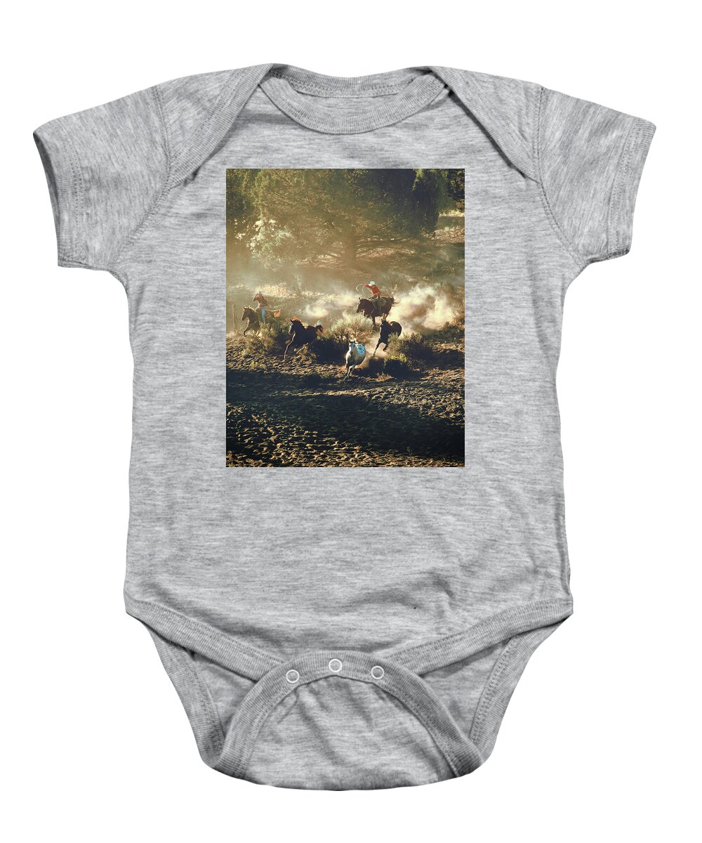 Cowboy Baby Onesie featuring the photograph Get Em by Don Schimmel