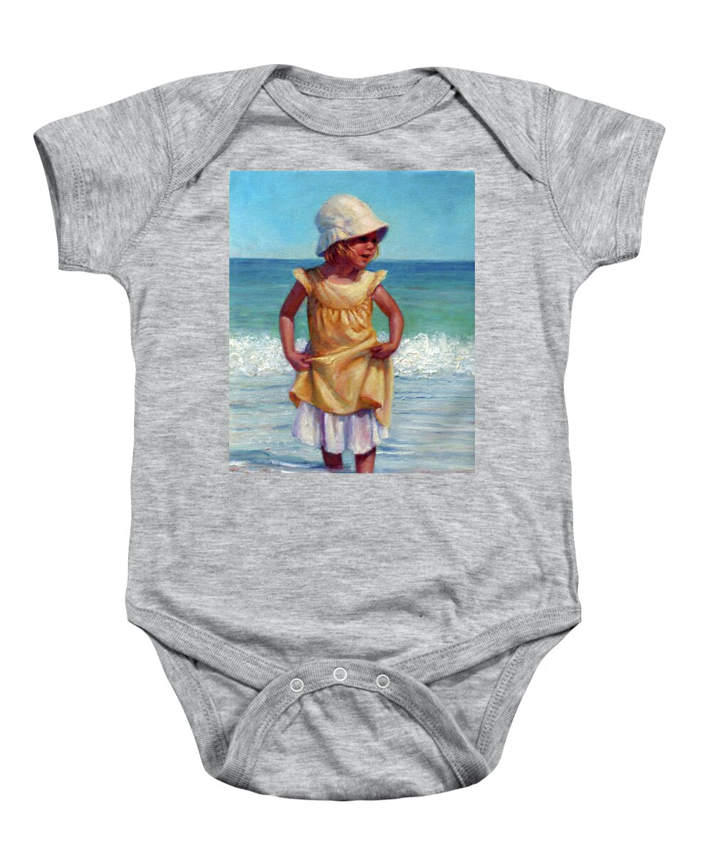 Children At The Beach Baby Onesie featuring the painting Girl with Bonnet by Marie Witte