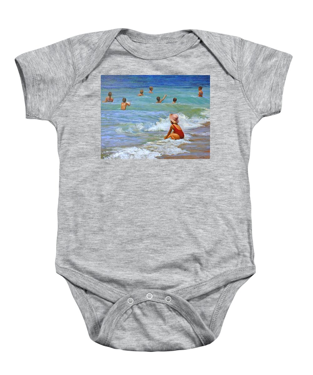 Children Baby Onesie featuring the painting Girl with Pink Hat by Marie Witte