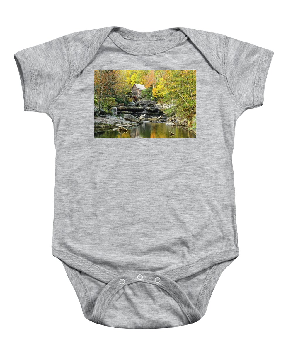 Glade Creek Baby Onesie featuring the photograph Glade Creek Grist Mill #1 by Tom and Pat Cory