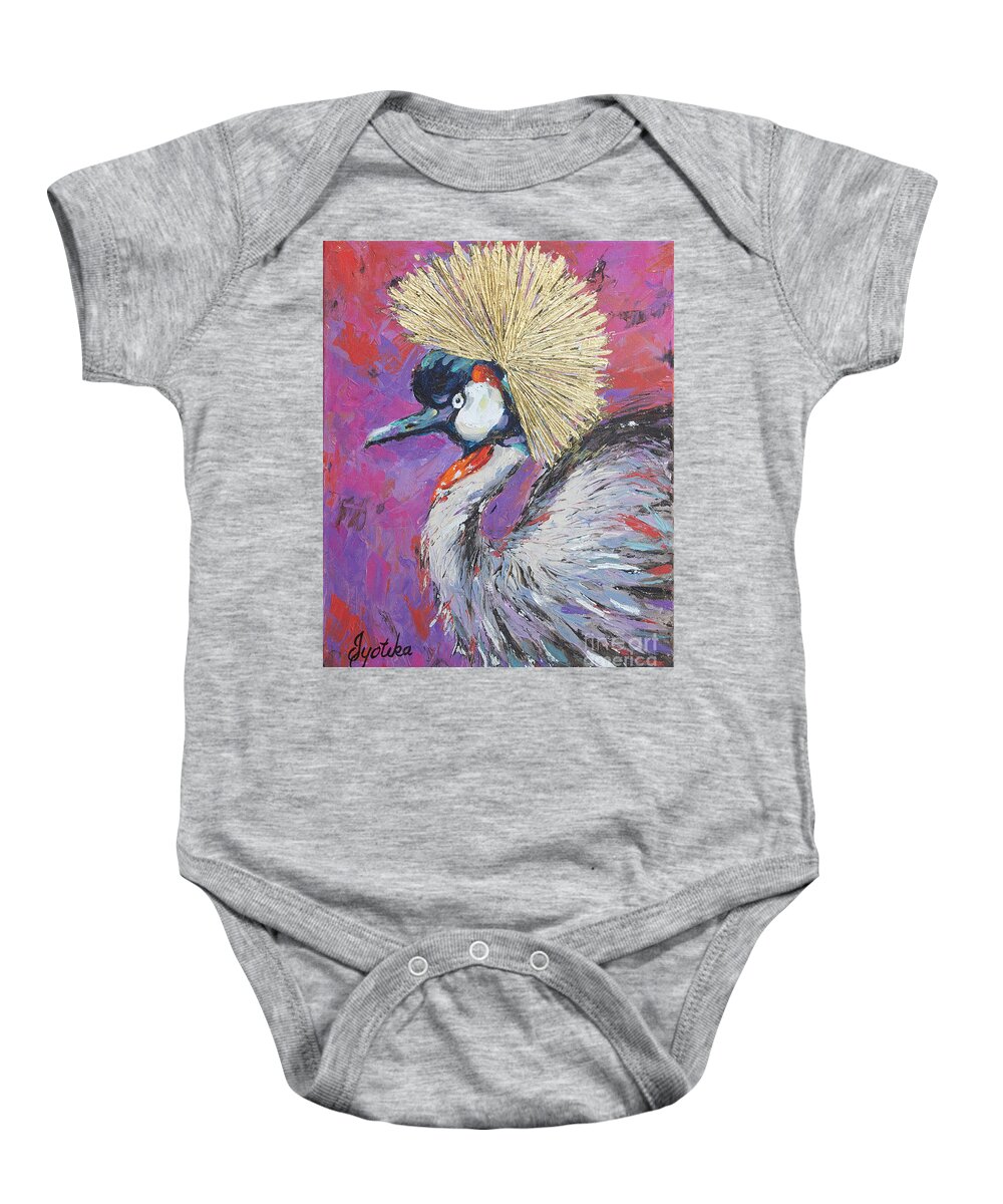 Grey Crowned Crane Baby Onesie featuring the painting Golden Crown by Jyotika Shroff
