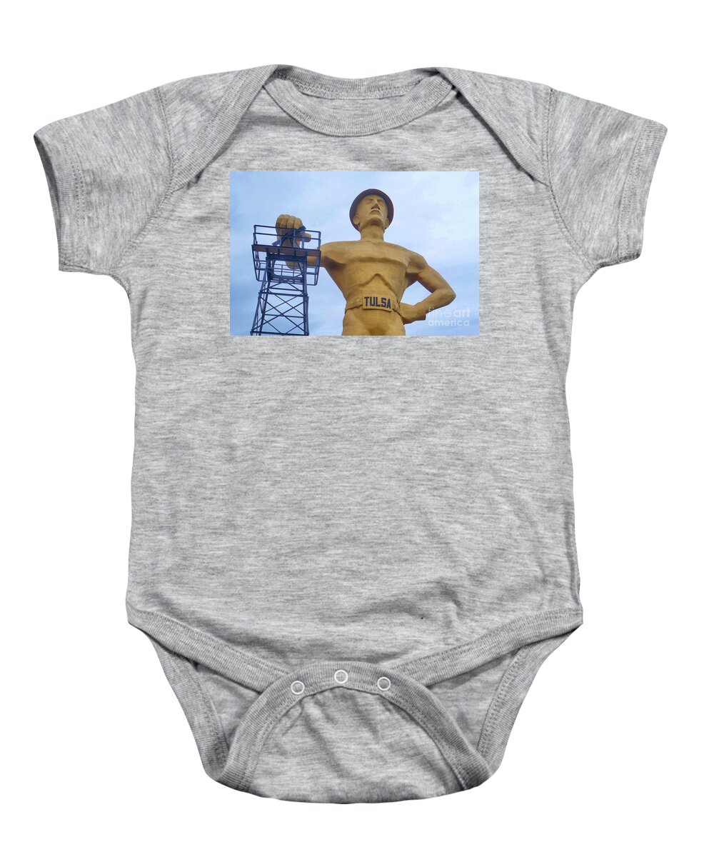 Golden Driller Baby Onesie featuring the photograph Golden Driller 76 Feet Tall by Janette Boyd