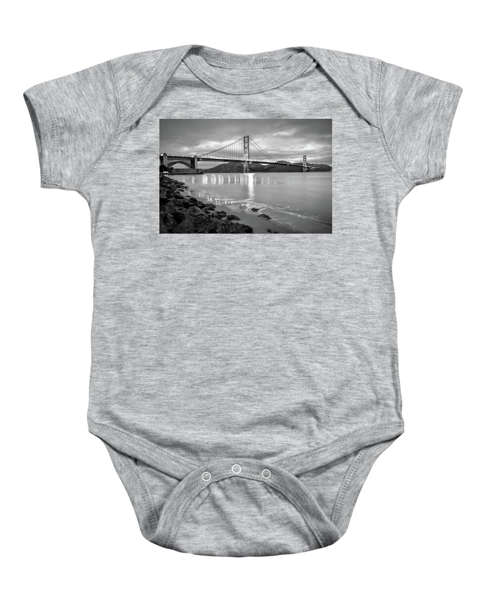 America Baby Onesie featuring the photograph Golden Gate Bridge in Black and White - San Francisco Cityscape by Gregory Ballos