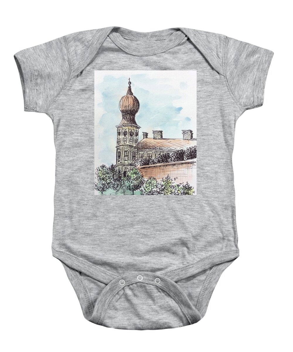 Danube Baby Onesie featuring the painting Gottweig Abbey, Austria by Emily Page