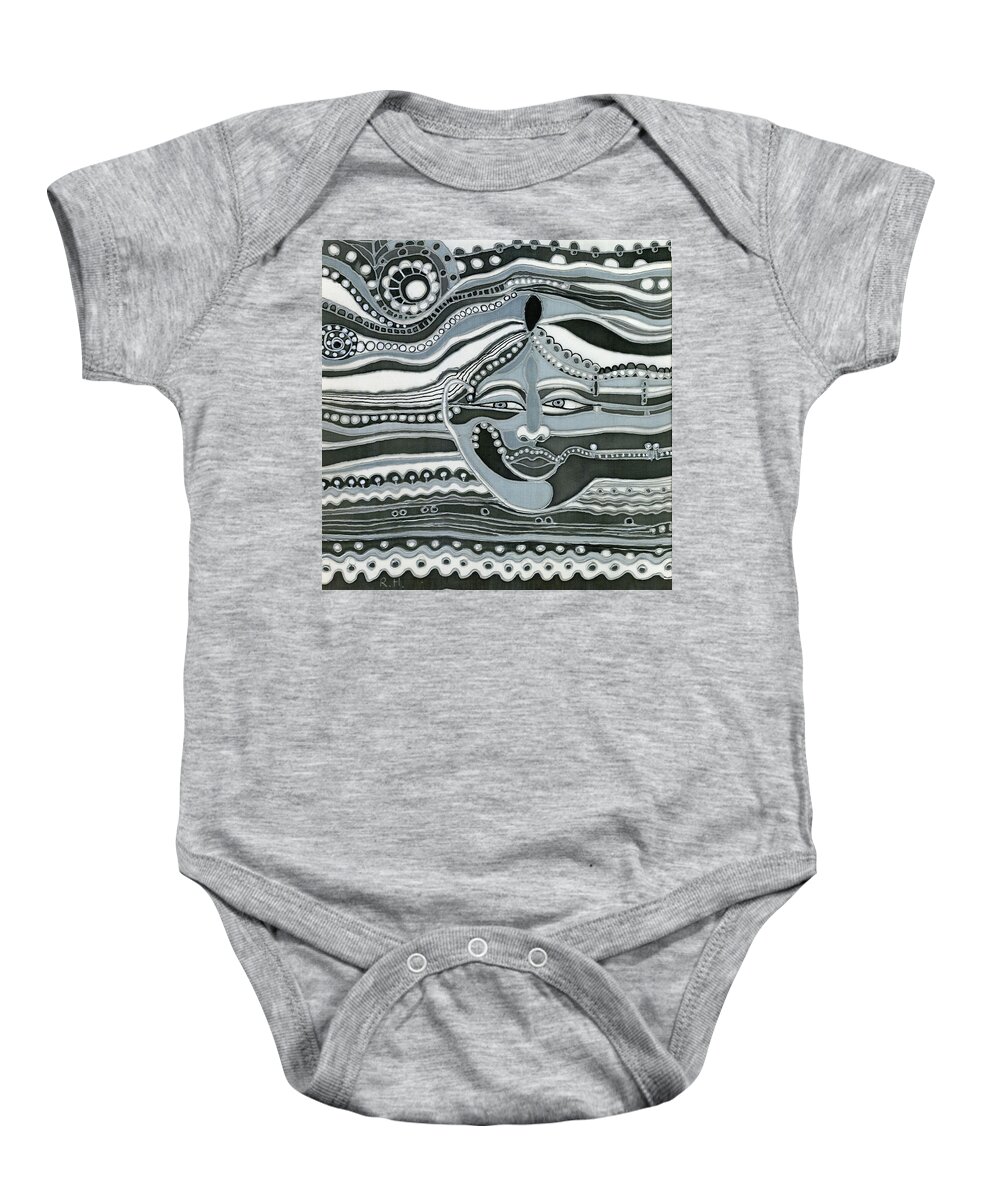 Nature Baby Onesie featuring the painting Gray Silk Maya face in nature landscape abstract fantasy with black grey white colors sunset  by Rachel Hershkovitz