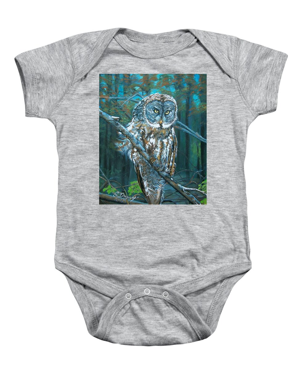 Great Grey Owl Baby Onesie featuring the painting Great Grey Owl by Sharon Duguay