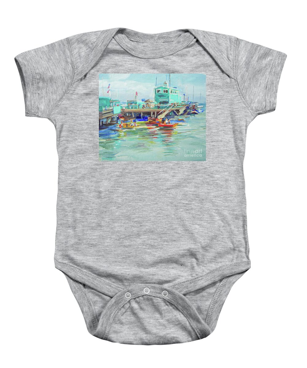 Catalina Baby Onesie featuring the painting Green Pier On A Summer Da by Joan Coffey