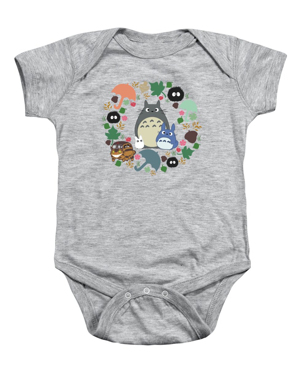 My Neighbor Totoro Baby Onesie featuring the digital art Green Totoro Wreath by Canis Picta