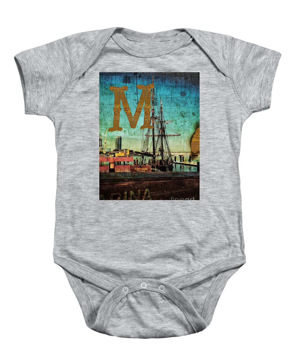 Melbourne Baby Onesie featuring the photograph Grungy Melbourne Australia Alphabet Series Letter M Marina Dockl by Beverly Claire Kaiya