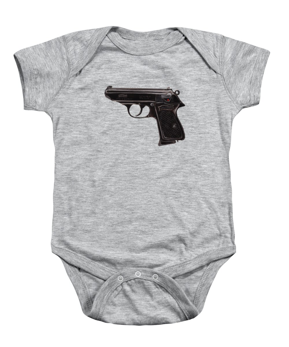 Malakhova Baby Onesie featuring the drawing Gun - Pistol - Walther PPK by Anastasiya Malakhova