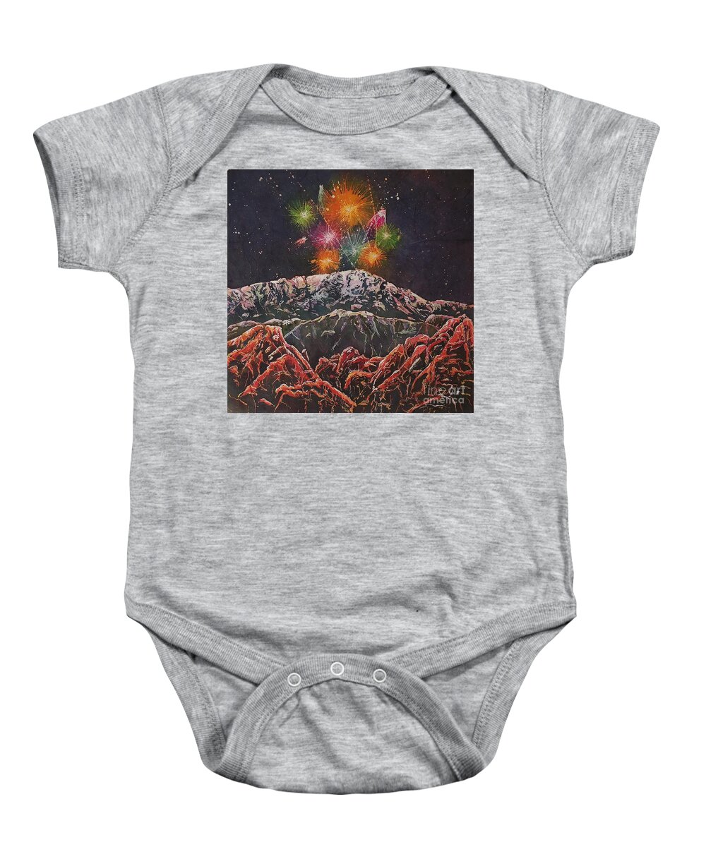 Fireworks Baby Onesie featuring the mixed media Happy New Year From America's Mountain by Carol Losinski Naylor