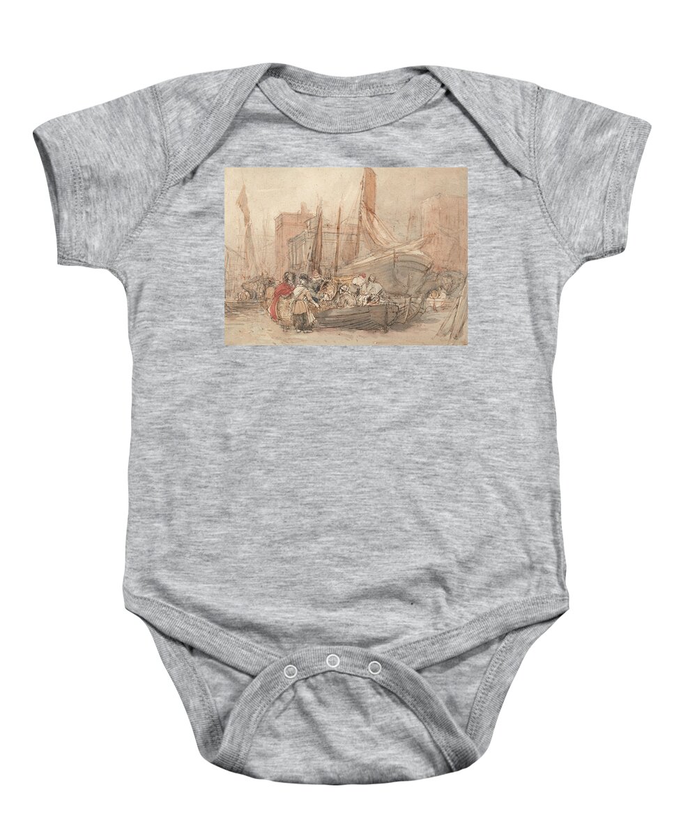 19th Century Art Baby Onesie featuring the painting Harbor Scene, With Fishing Boats Being Unloaded by David Cox