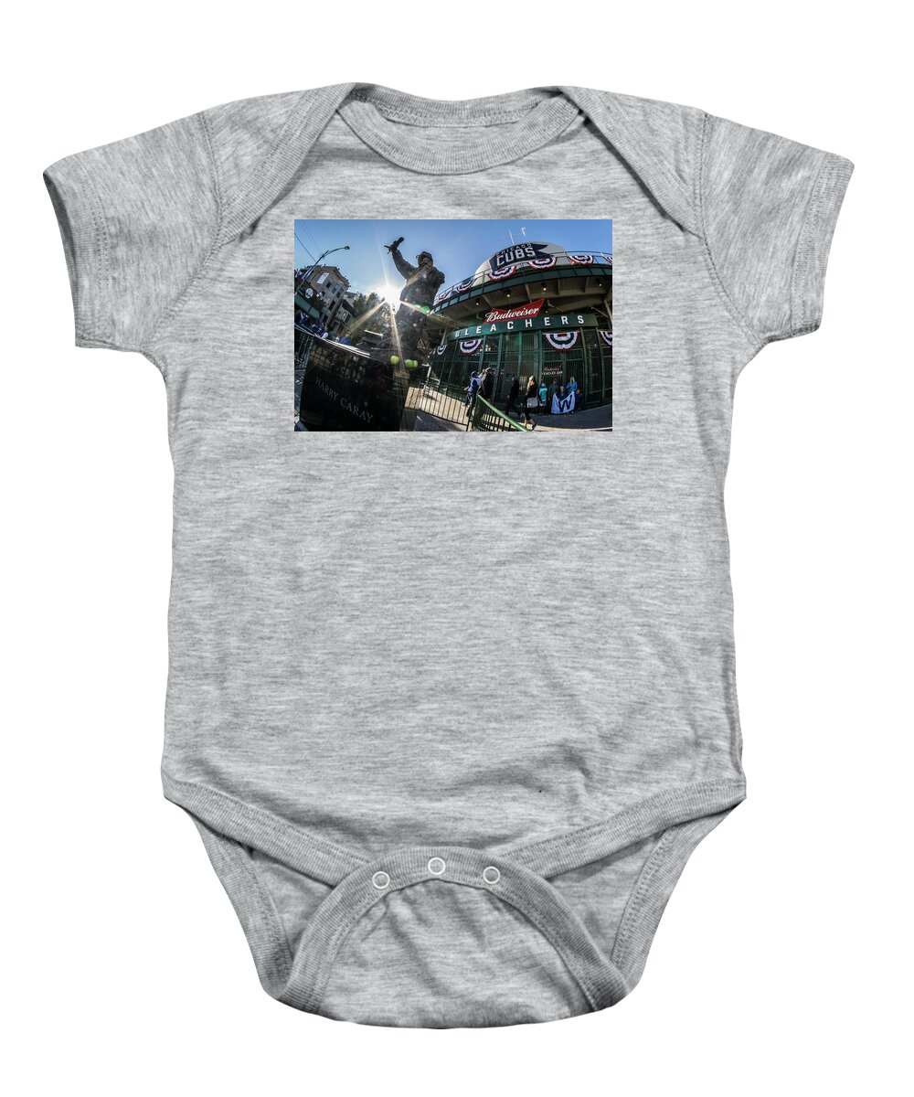 Harry Caray Baby Onesie featuring the photograph Harry Caray Statue after world series win by Sven Brogren