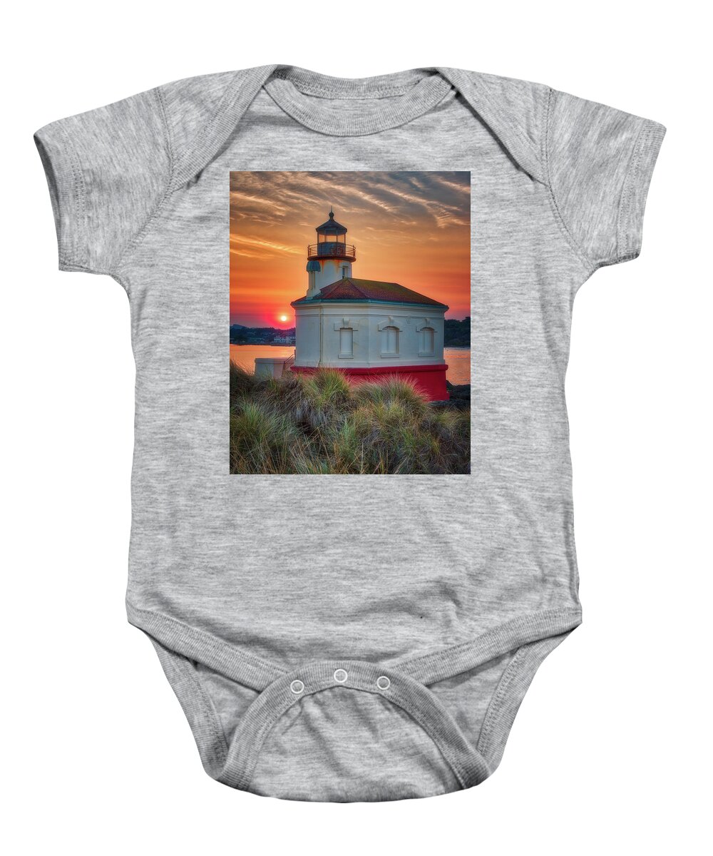 Oregon Baby Onesie featuring the photograph Hazy Sunrise at Coquille Lighthouse by Darren White