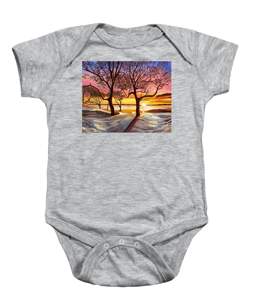 Trees Baby Onesie featuring the painting Heartfelt Trees at Sunset by Jackie Case