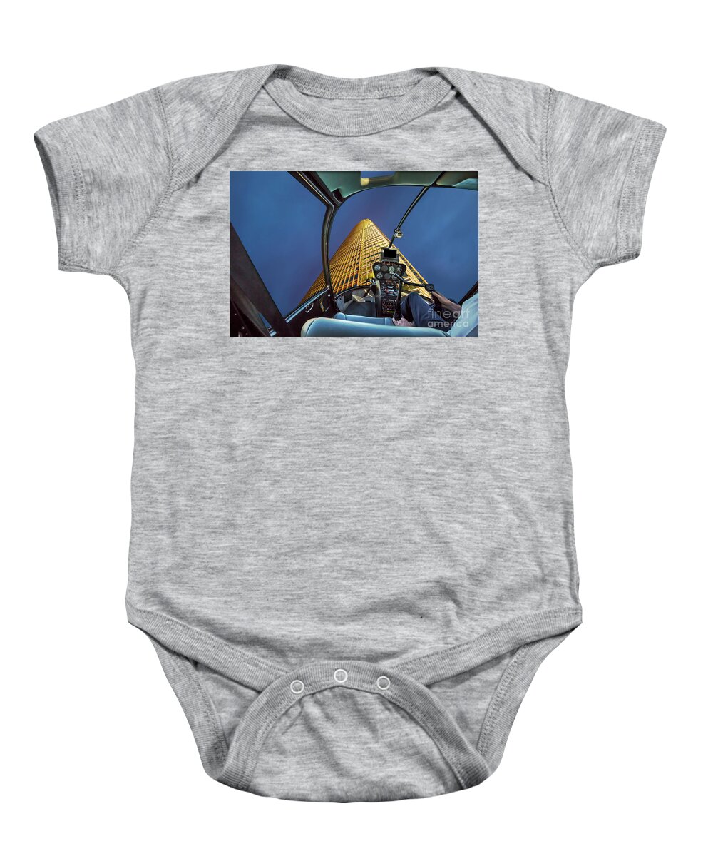 Hong Kong Baby Onesie featuring the photograph Helicopter on skyscaper facade by Benny Marty