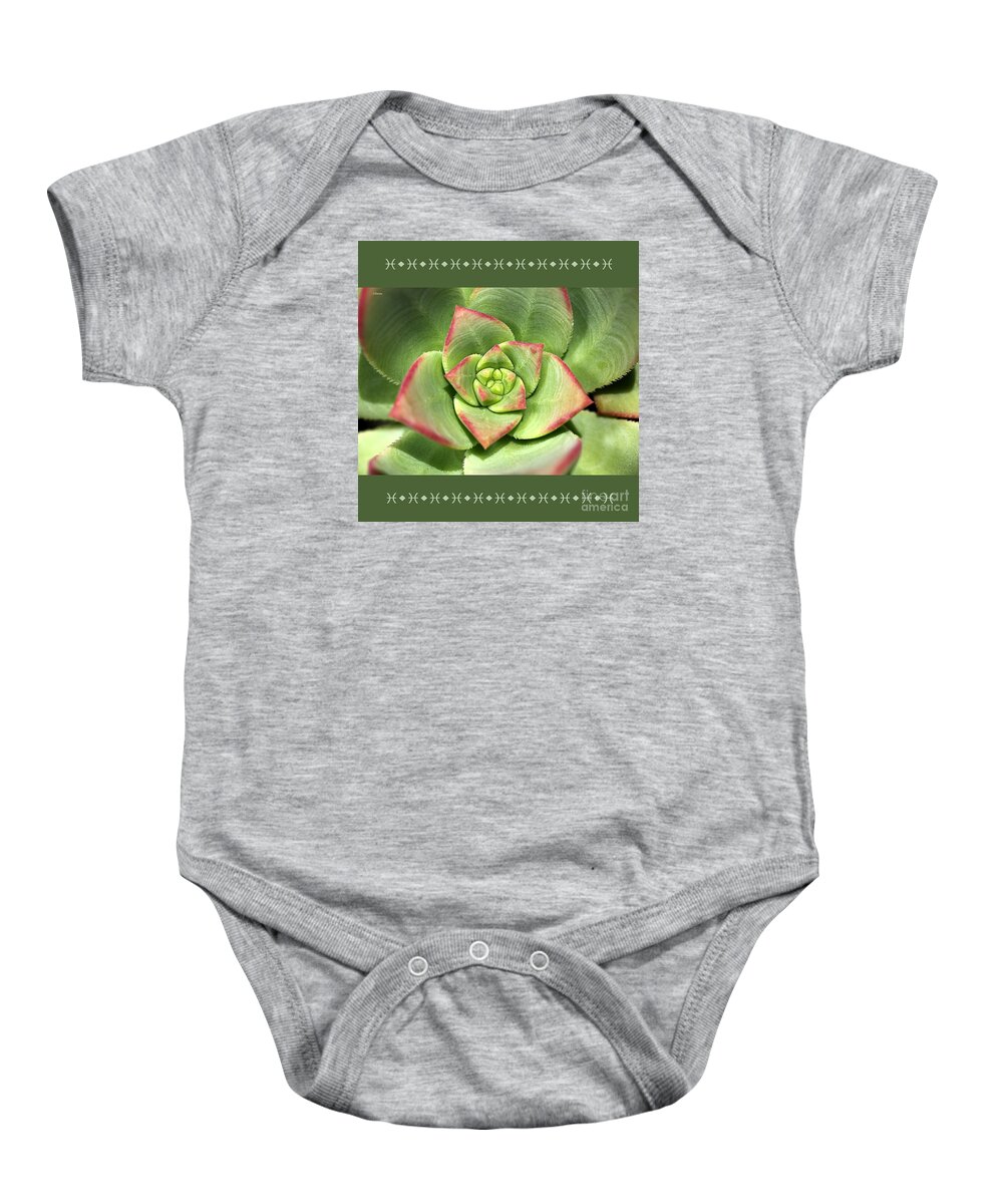 Joy Watson Baby Onesie featuring the photograph Hens And Chicks Succulent And Design by Joy Watson