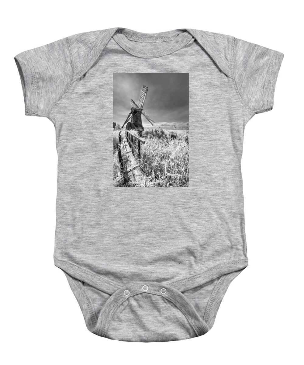 Black And White Baby Onesie featuring the photograph Herringfleet Pump Norfolk UK by Jack Torcello