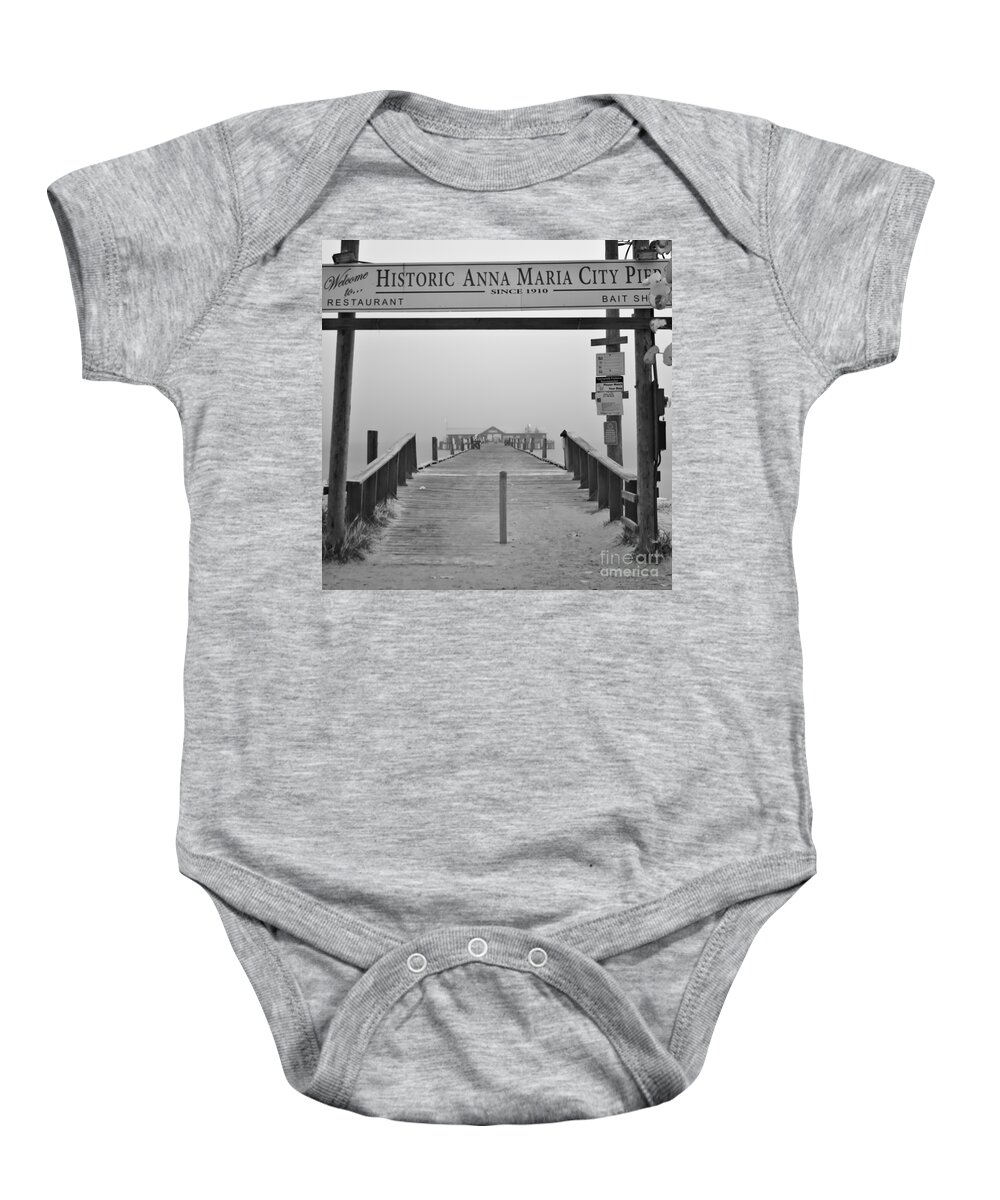 Anna Maria Island Baby Onesie featuring the photograph Historic Anna Maria City Pier in Fog Infrared 52 by Rolf Bertram