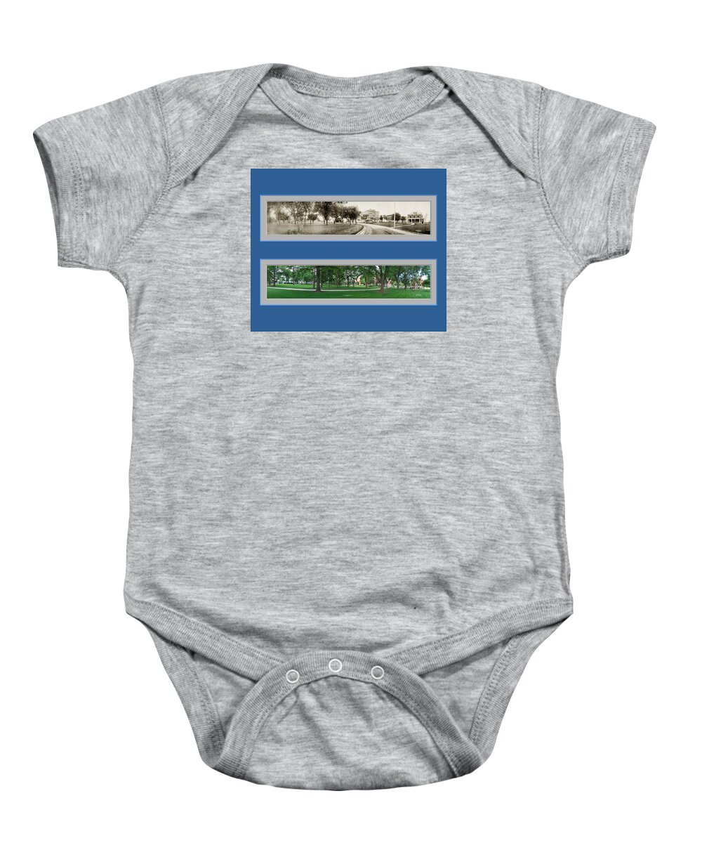 Historic Panorama Panoramic Reproduction Old New Now Then Cedar Falls Iowa Uni Baby Onesie featuring the photograph Historic Cedar Falls UNI Iowa Panoramic Reproduction by Ken DePue