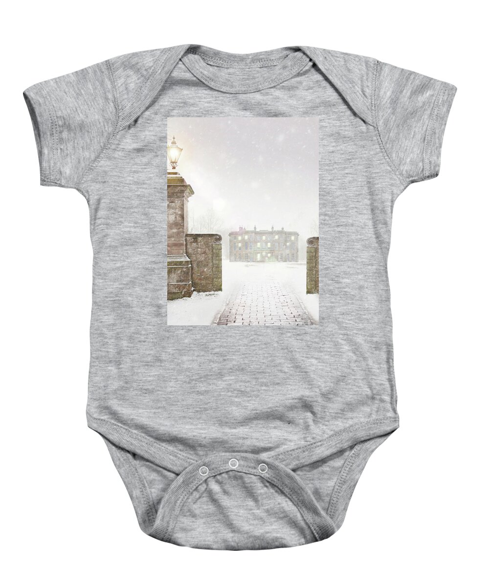 Edwardian Baby Onesie featuring the photograph Historic Mansion House In Snow by Lee Avison
