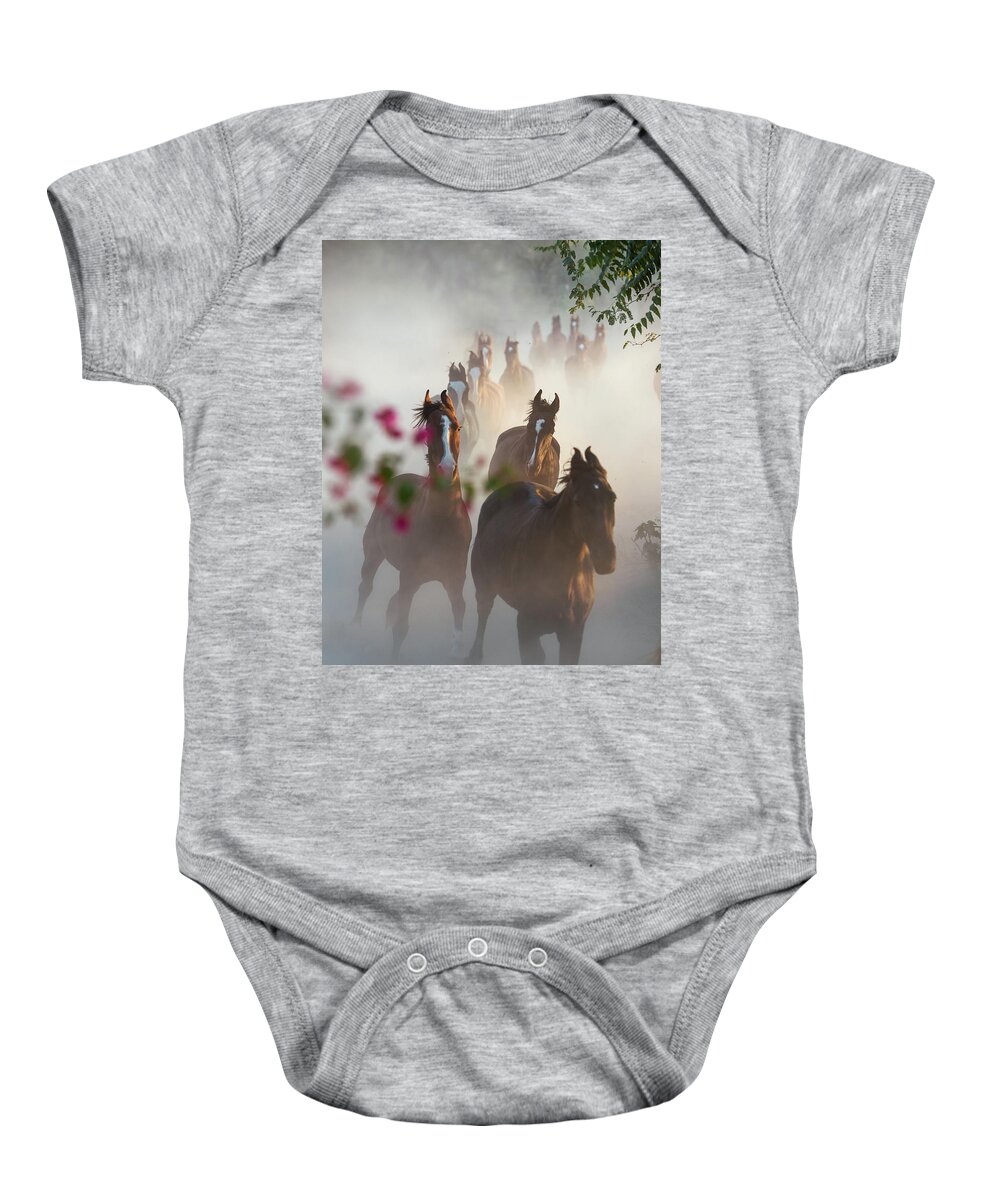 Russian Artists New Wave Baby Onesie featuring the photograph Horse Herd Coming Home by Ekaterina Druz