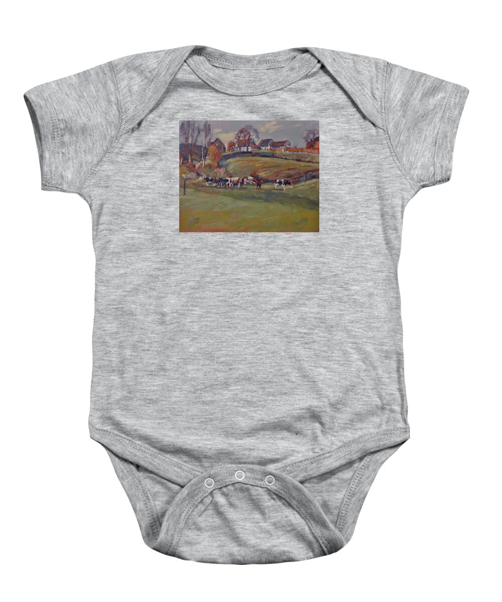Schweiberg Baby Onesie featuring the painting Houses and cows in Schweiberg by Nop Briex