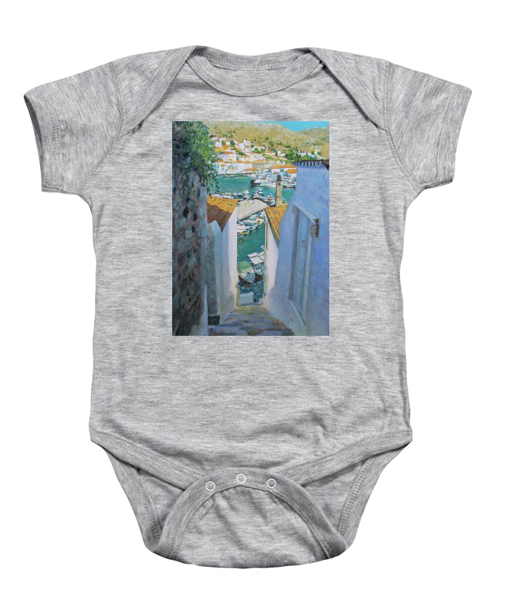 Hydra Baby Onesie featuring the painting Hydra, Greece No. 1 by Kerima Swain