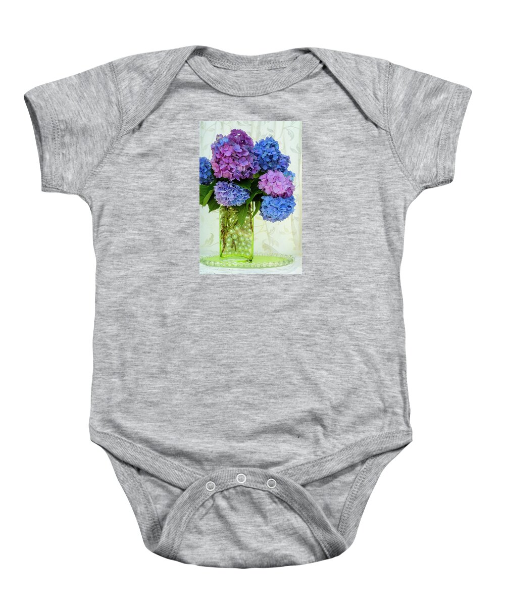 Jigsaw Baby Onesie featuring the photograph Hydrangeas and Pearls by Carole Gordon