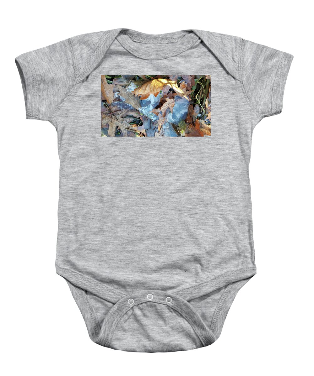 Composition Baby Onesie featuring the photograph Ice and Fallen Leaves by Lynn Hansen