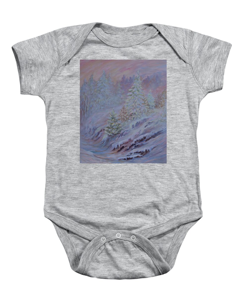 Ice Fog In Northern Landscape Baby Onesie featuring the painting Ice Fog in the Forest by Jo Smoley