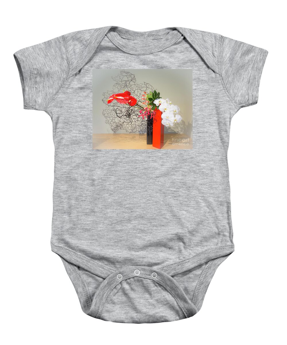 Gloriosa Lily Baby Onesie featuring the photograph Ikebana composition by Yoko Sprague by Agnes Caruso