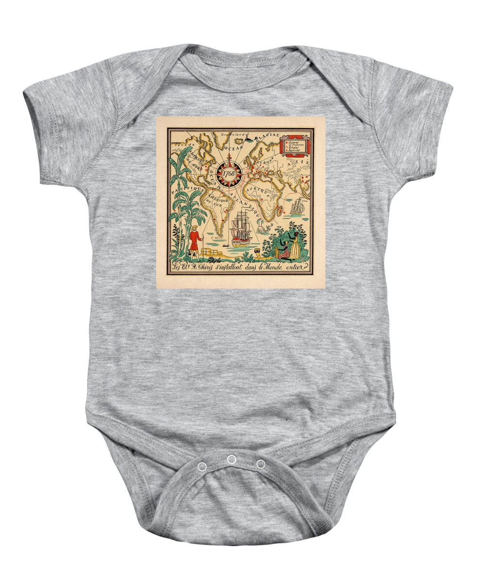 Illustrated Map Of The World Baby Onesie featuring the drawing Illustrated Map of the World, 1768 - Pictorial Map - Historic Map - Old Atlas by Studio Grafiikka