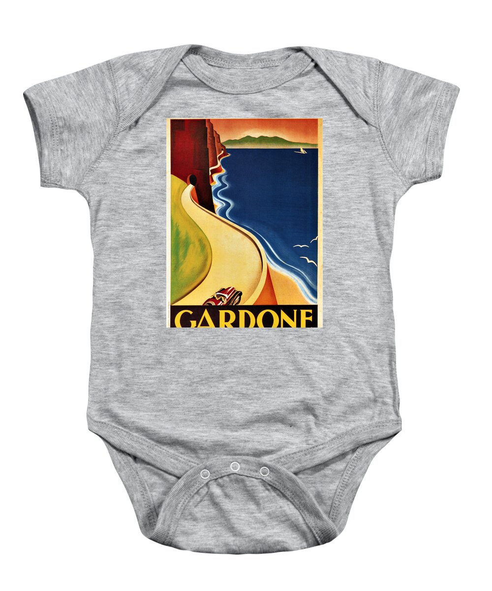 Gardone Baby Onesie featuring the painting Illustration of a winding road in Gardone by the shore of Lake Garda - Vintage Travel Poster by Studio Grafiikka