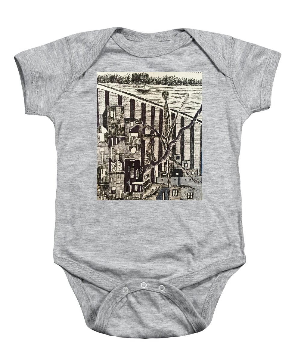 Black & White Baby Onesie featuring the drawing Imaginary Resort by Dennis Ellman