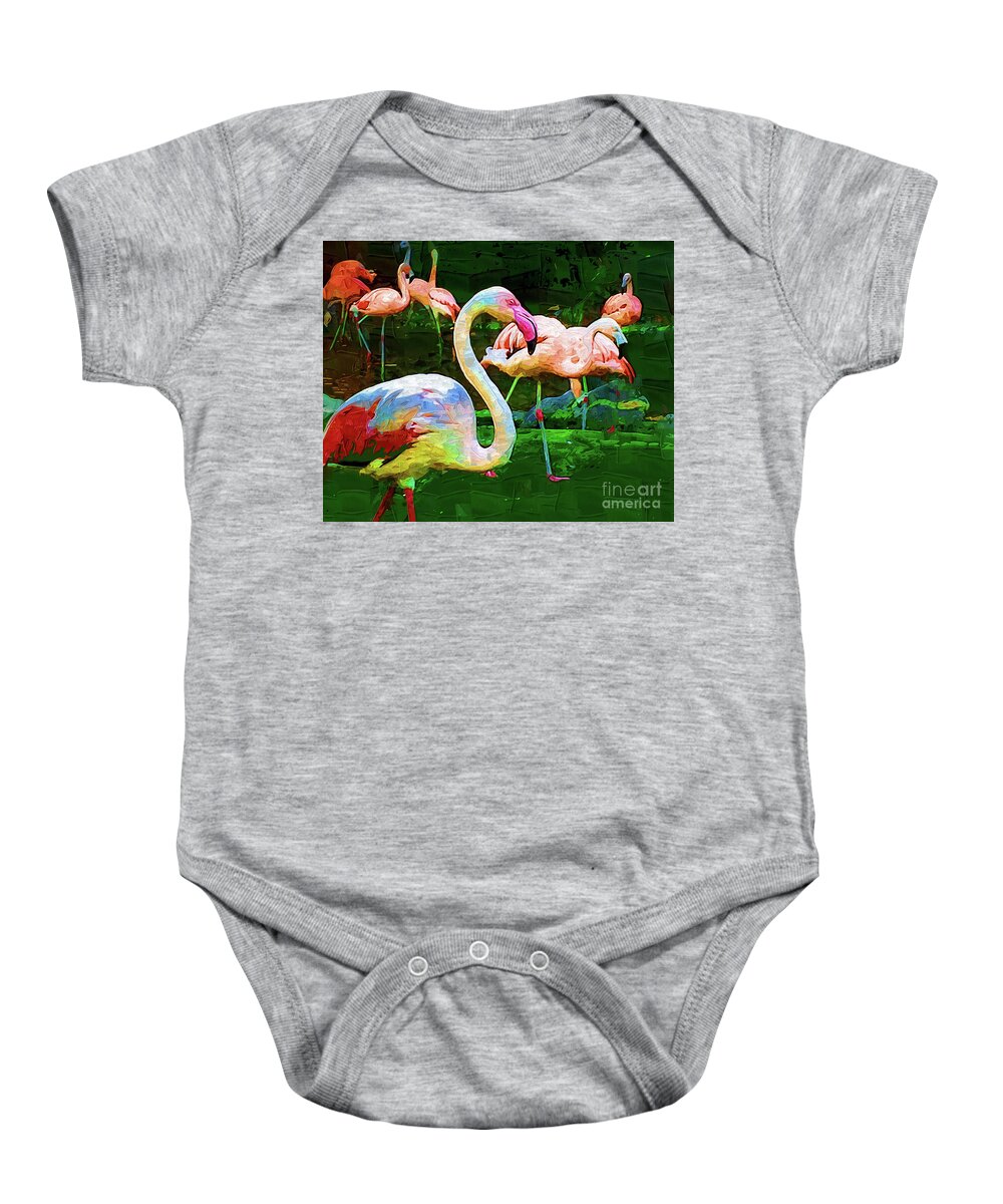 Tropical-birds Baby Onesie featuring the digital art Impasto Flamingo by Kirt Tisdale