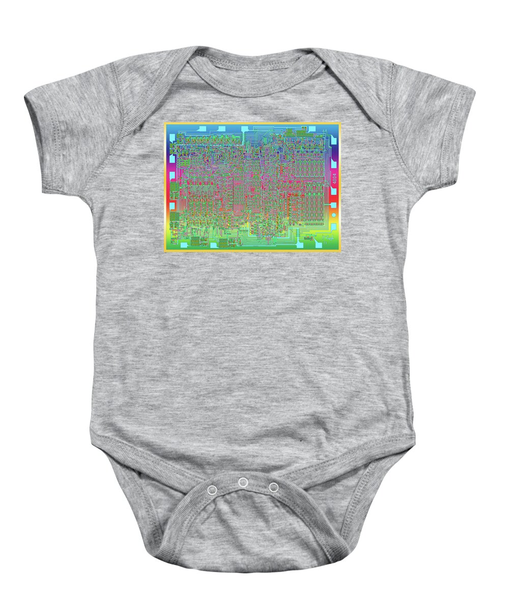 Intel Baby Onesie featuring the digital art Intel 4004 CPU 4 bit Central Processing Unit CPU Computer Chip Integrated Circuit Mask, Abstract 5 by Kathy Anselmo