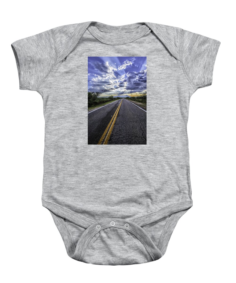 Sunset; Desert; Road; Clouds; Arizona Baby Onesie featuring the photograph Into the Sunset by Michael Newberry